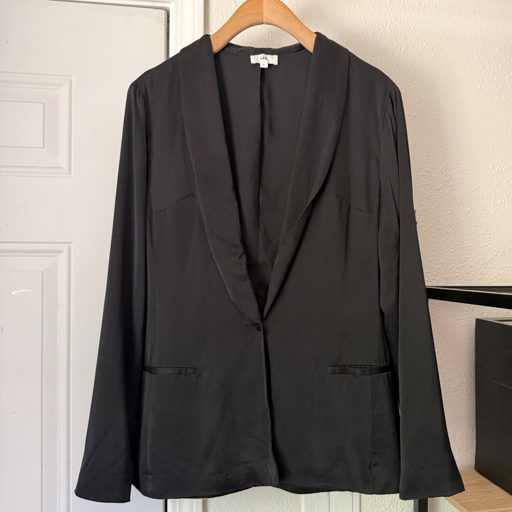 LPA revolve black silk one button long sleeve blazer jacket